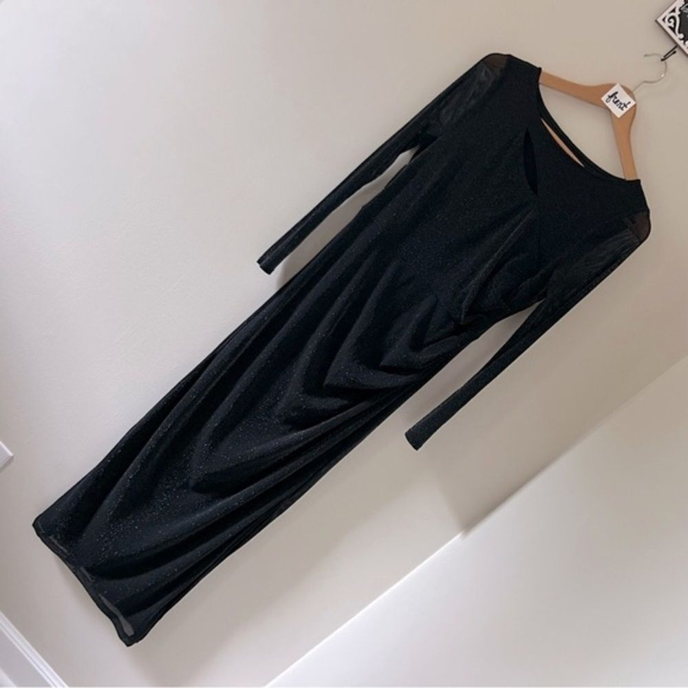 Candalate Black Stretchy Shimmer Dress w/ Sheer Long Sleeves Women's M Excellent
